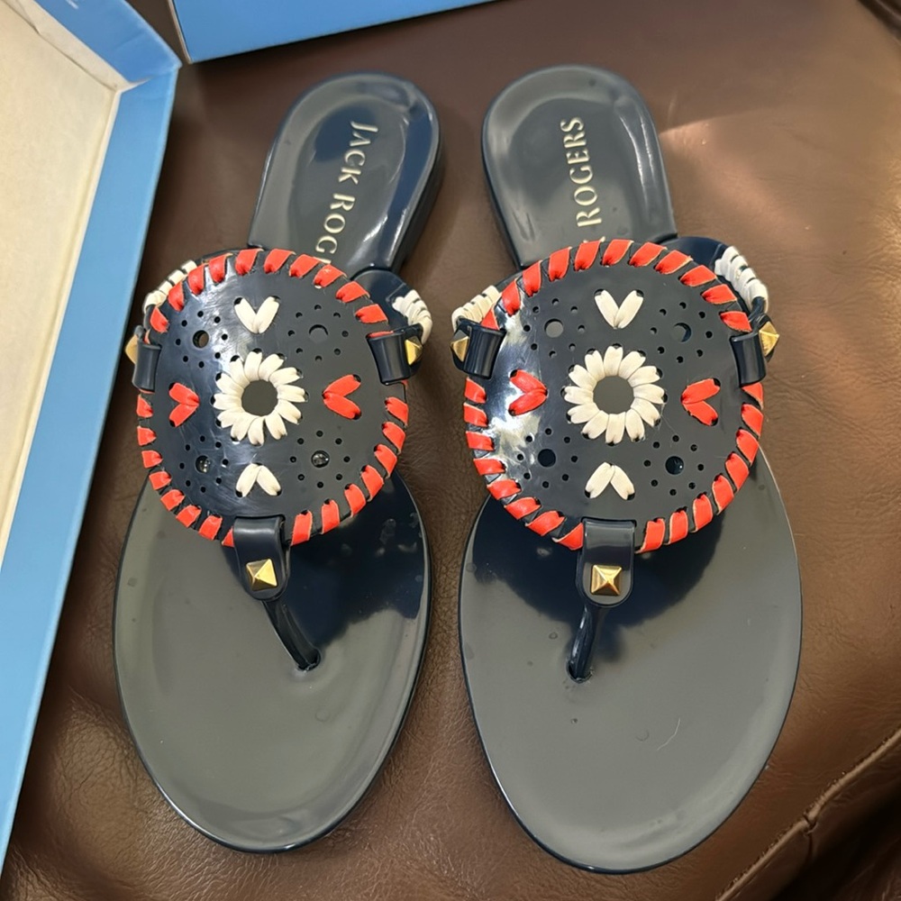 𝅺Jack Rogers Georgica Jelly Thong Red White Blue Medallion Sandal Size 7